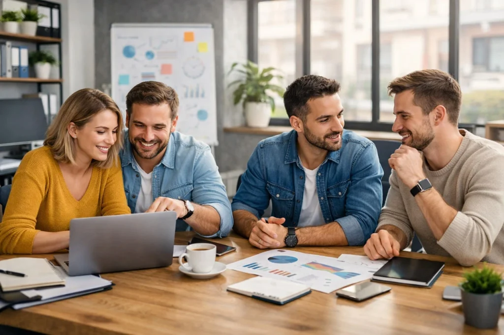 4 amis qui travaillent ensemble